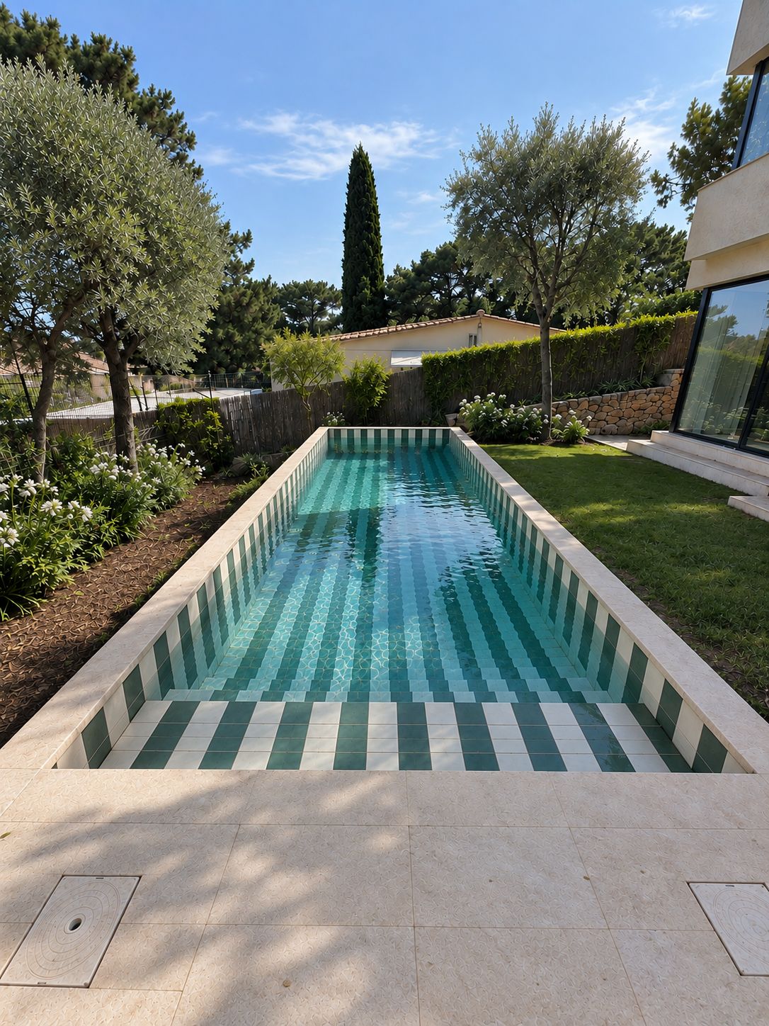 Carrelage 15 × 15 à rayures vertes et blanches, piscine de Cavalaire-sur-Mer